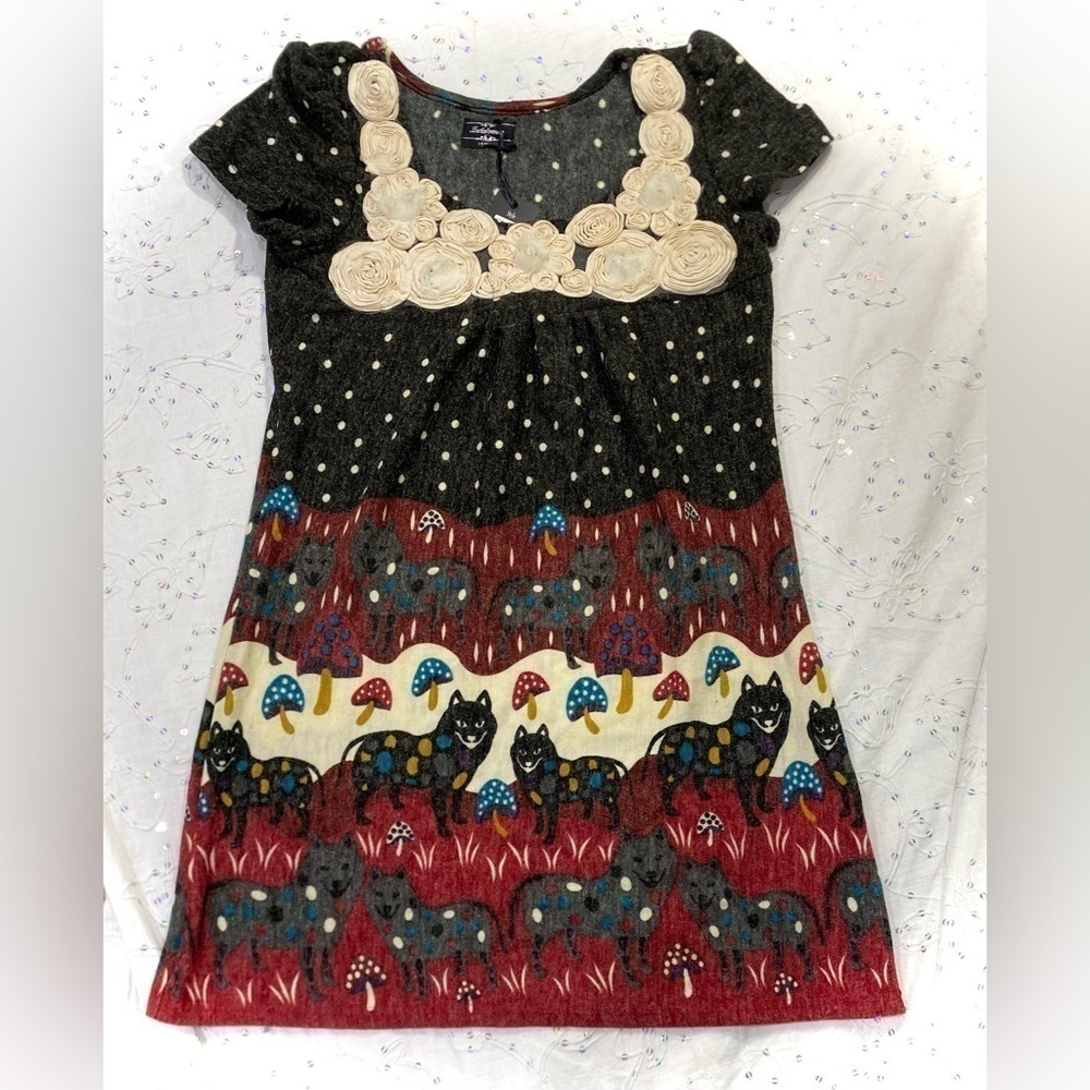 NWT Indulgence London Babydoll Short Sleeve Sweater Dress -“In the woods” -Small